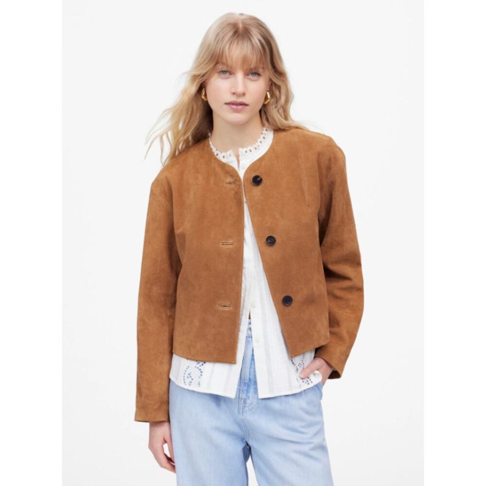 MADEWELL Crop Suede Cardigan Jacket Cognac Long Sleeve Boxy Fit Women's M - Picture 2 of 15